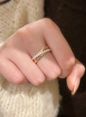 「星轨交织」复古金色三环排钻戒指轻奢高级感简约精致百搭食指戒