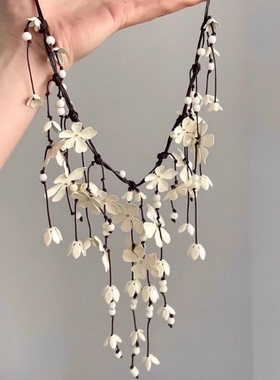 波西米亚度假风独特花朵流苏长款项链复古高级感小清新白色锁骨链