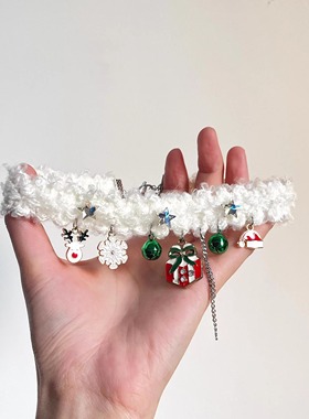 圣诞元素吊坠白色毛绒项链女圣诞氛围感小众锁骨链choker装饰饰品