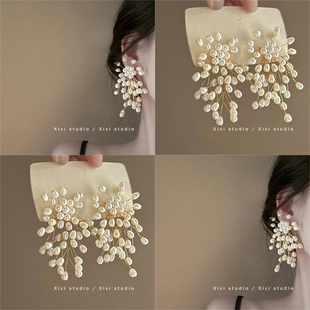 珍珠花朵耳钉高级感夸张大圆脸适合的耳环2025新款爆款气质耳饰女
