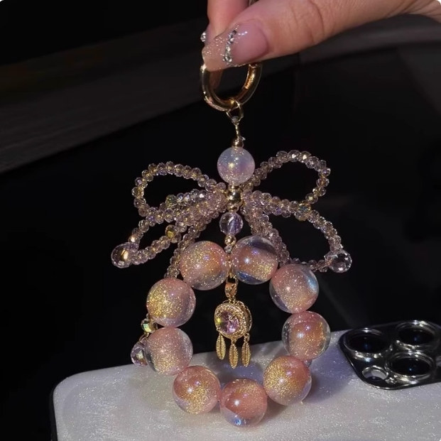 彩色水晶串珠蝴蝶结花朵手机挂件时尚甜美爱心草莓钥匙扣包包精致
