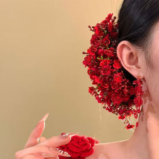 新款红色满天星发钗仿真花朵发簪新娘头饰古风敬酒服汉服盘发发饰