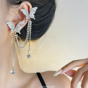 超闪满钻蝴蝶流苏耳骨夹女轻奢精致高级感无耳洞耳挂新娘婚纱耳饰