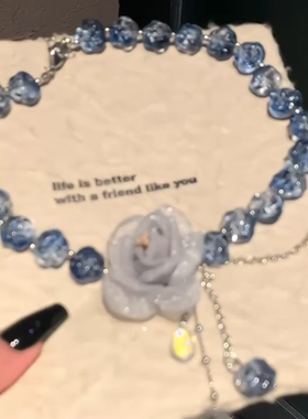 甜酷辣妹网纱蓝色花朵爆闪串珠链流苏独特设计项链小众设计锁骨链