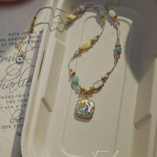 《虹彩糖豆》法式复古重工油画项链不规则珍珠吊坠颈链小众锁骨链
