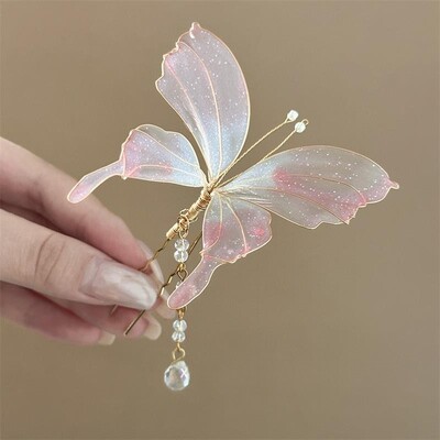 蝴蝶流苏发簪百搭仙气簪子汉服旗袍头饰女后脑勺盘发发钗粉色发饰