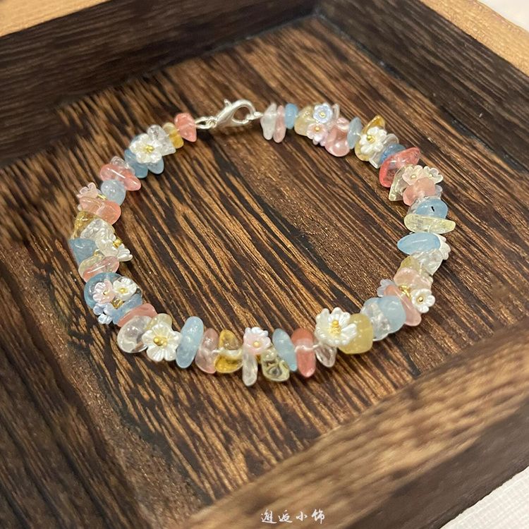 「彩虹花野」夏日彩色水晶串珠手链女多巴胺花朵珍珠手串小众饰品