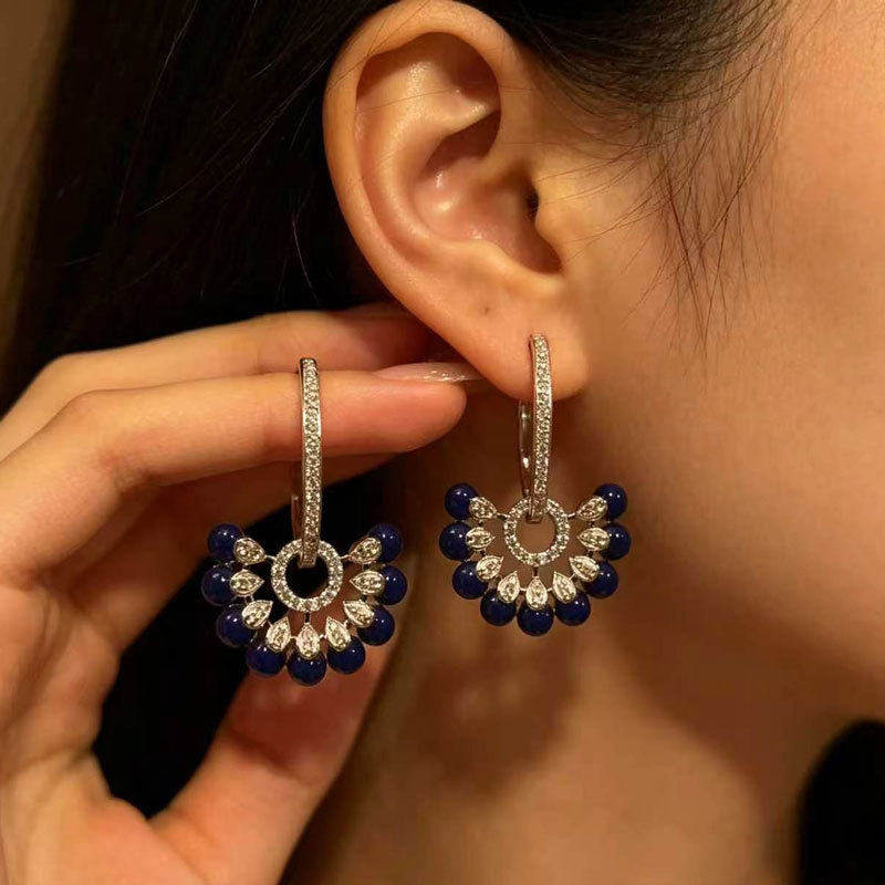 中古仿深蓝宝石花朵流苏耳环女轻奢高级感独特漂亮方圆脸仿钻耳饰