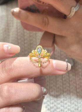 「皇冠水滴」公主皇冠水滴戒指海蓝宝复古宫廷风精致小众设计指环