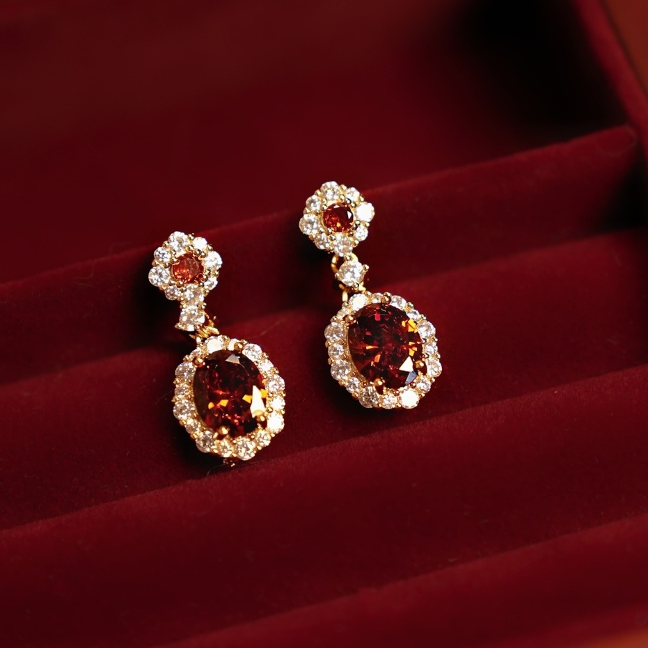 法式复古宫廷耳环红色水晶宝石耳钉轻奢高级耳坠vintage中古耳饰