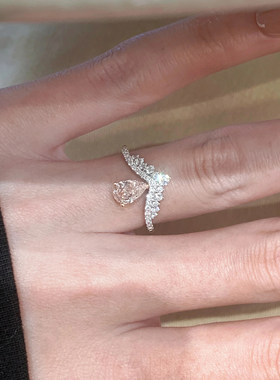 粉色水滴蝴蝶结仿锆戒指女小众轻奢精致满钻冷淡风叠戴开口指环潮