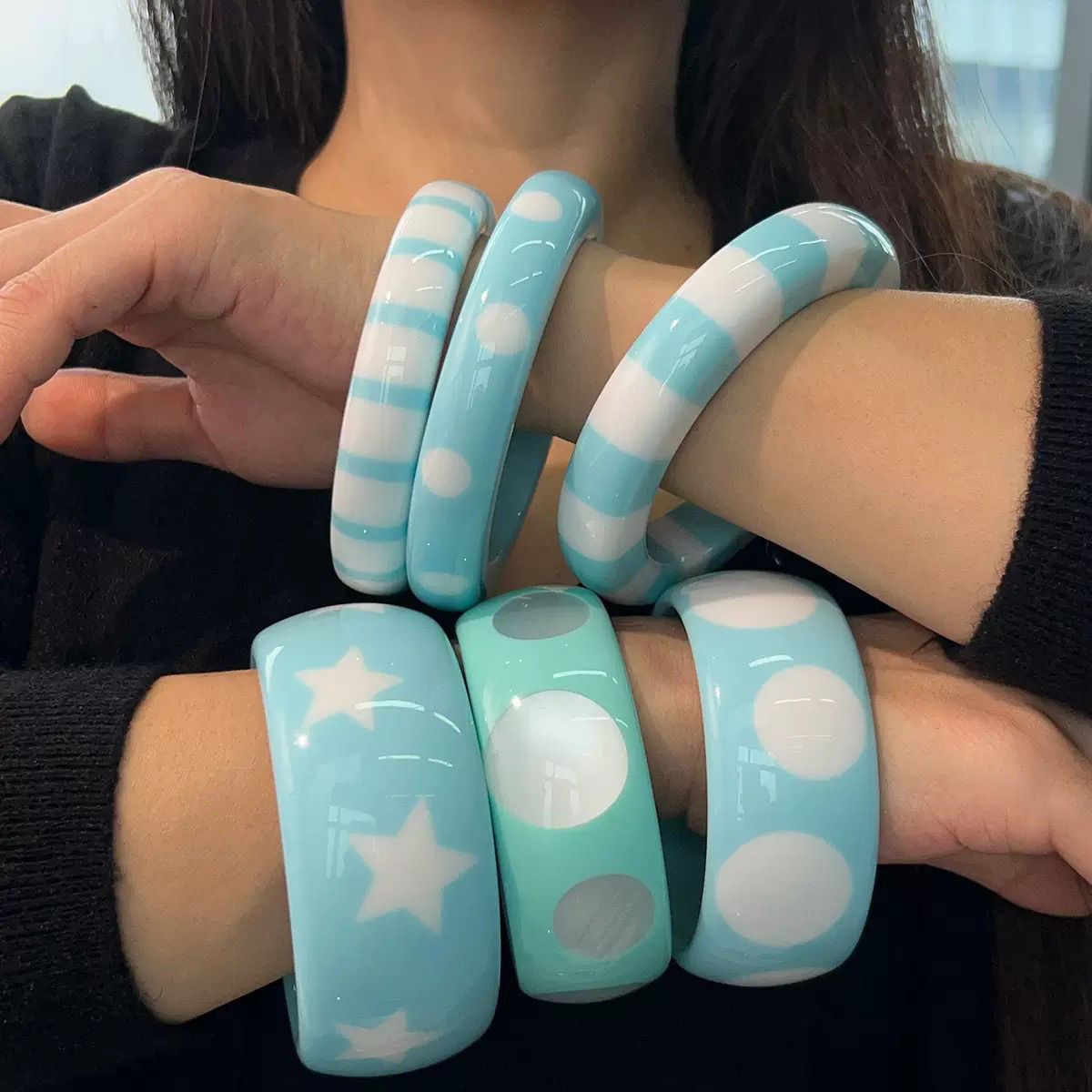欧美跨境薄荷绿几何圆形手镯时尚猫眼圆点星星条纹树脂bracelet