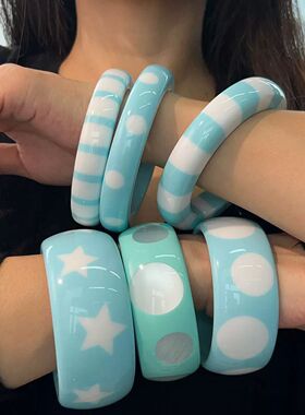 欧美跨境薄荷绿几何圆形手镯时尚猫眼圆点星星条纹树脂bracelet