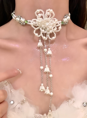 法式复古铃兰花朵流苏珍珠项链女小众轻奢精致锁骨链耳环新款配饰