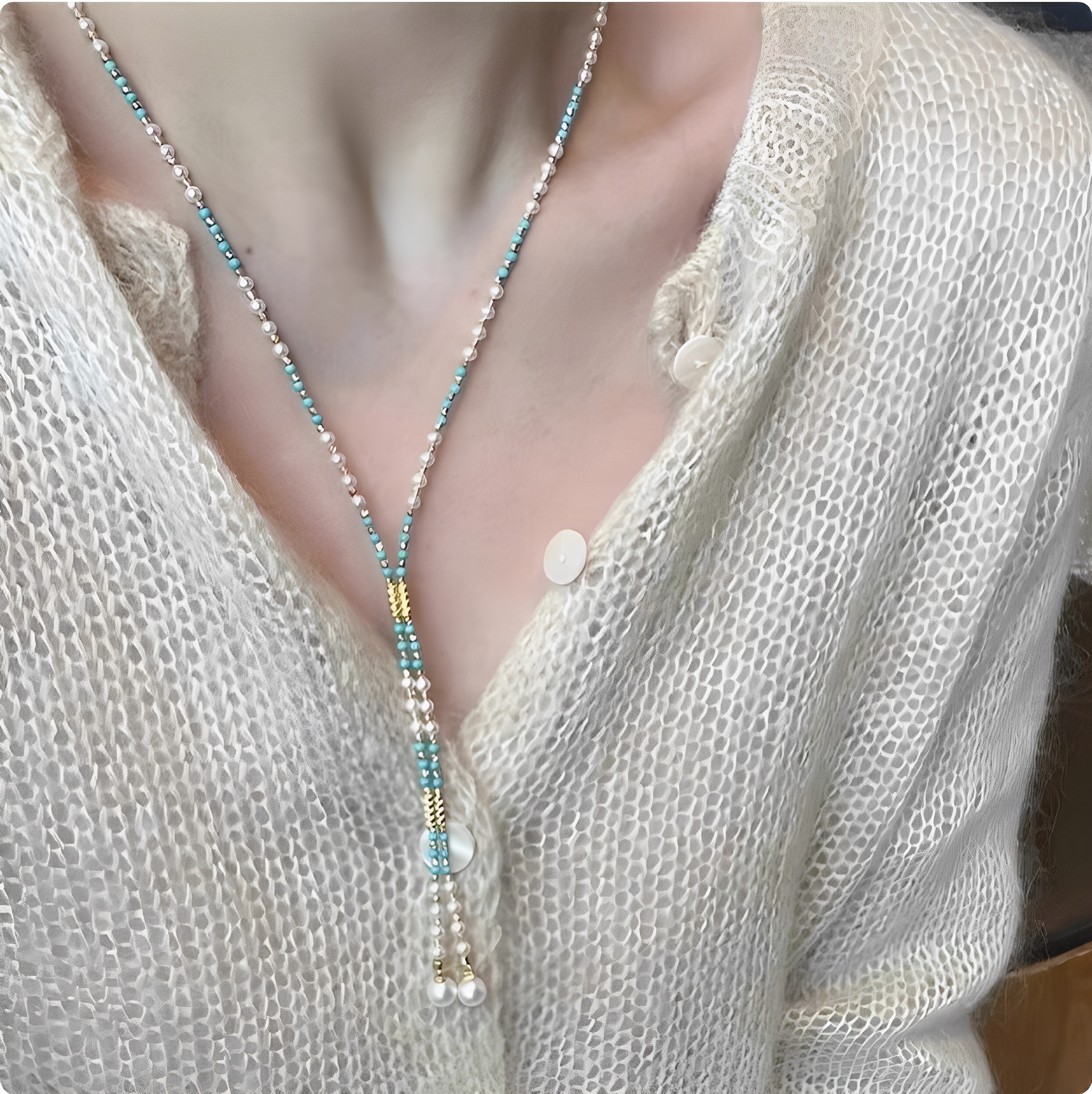 新中式仿蓝松石珍珠项链轻奢高级感气质长款国风精致清冷感锁骨链