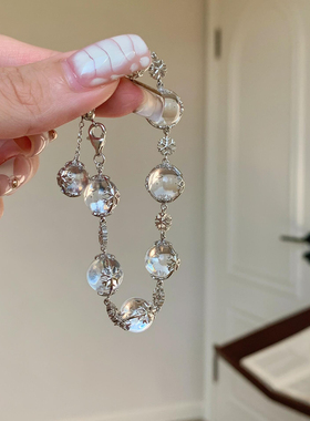 「冬日初雪」冰透银色雪花清透感圆珠可抽拉手链女精致百搭手环