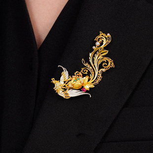 中古金色凤凰牡丹花胸针复古宫廷风小众轻奢秋冬大衣西装别针配饰