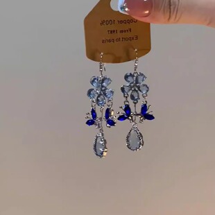 蓝眼泪夏季新款蓝水晶吊坠流苏耳环女轻奢高级感气质耳坠好看耳饰