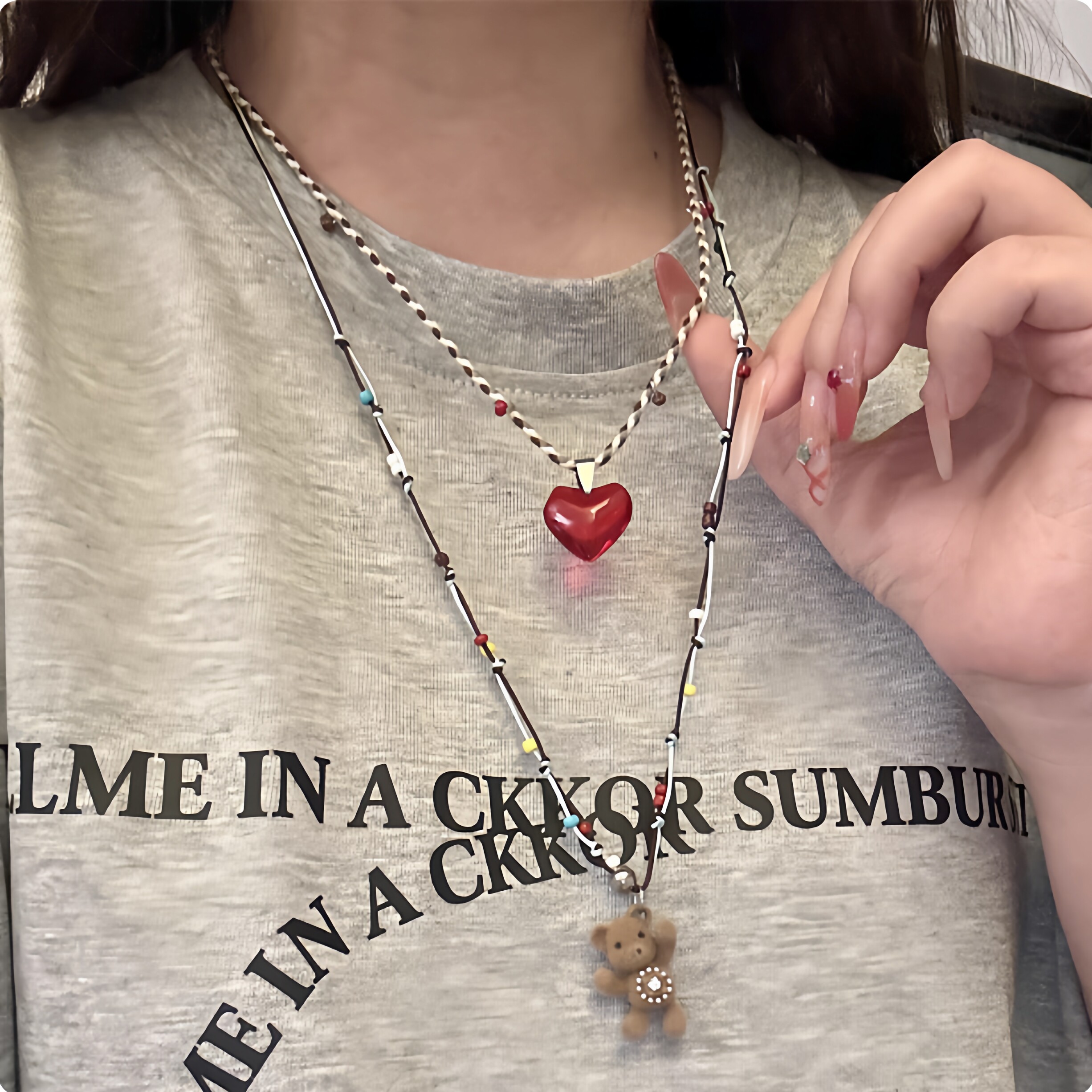 韩系ins风爱心双层米珠小熊项链女小众精致设计感长款叠戴毛衣链