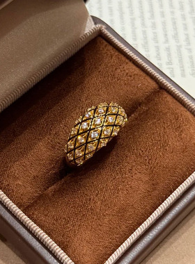 中古vintage黑金点钻菱格宽面戒指时尚轻奢精致高级百搭食指戒女