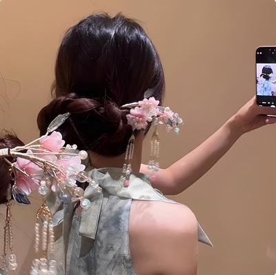 棠悠春梦~新中式花朵流苏珍珠发簪2025新款旗袍发饰汉服头饰发饰