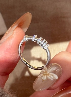 “时来运转”中古vintage银拉丝闪钻环环相扣戒指气质轻奢指环女