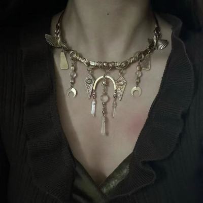 欧美复古轻奢时尚复古金色几何流苏项链女小众设计气质百搭锁骨链