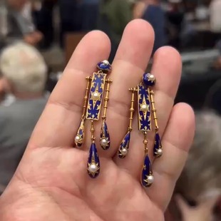 维多利亚复古蓝珐琅星芒珍珠色流苏耳钉中古西洋古董风长吊坠耳饰