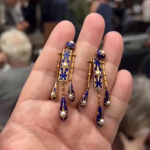维多利亚复古蓝珐琅星芒珍珠色流苏耳钉中古西洋古董风长吊坠耳饰