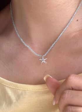 冷淡风蓝色海星串珠项链小众设计精致风百搭小米珠锁骨链饰品简约