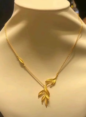 设计感柳叶新中式金色复古树叶不对称项链中古风时尚轻奢小众配饰