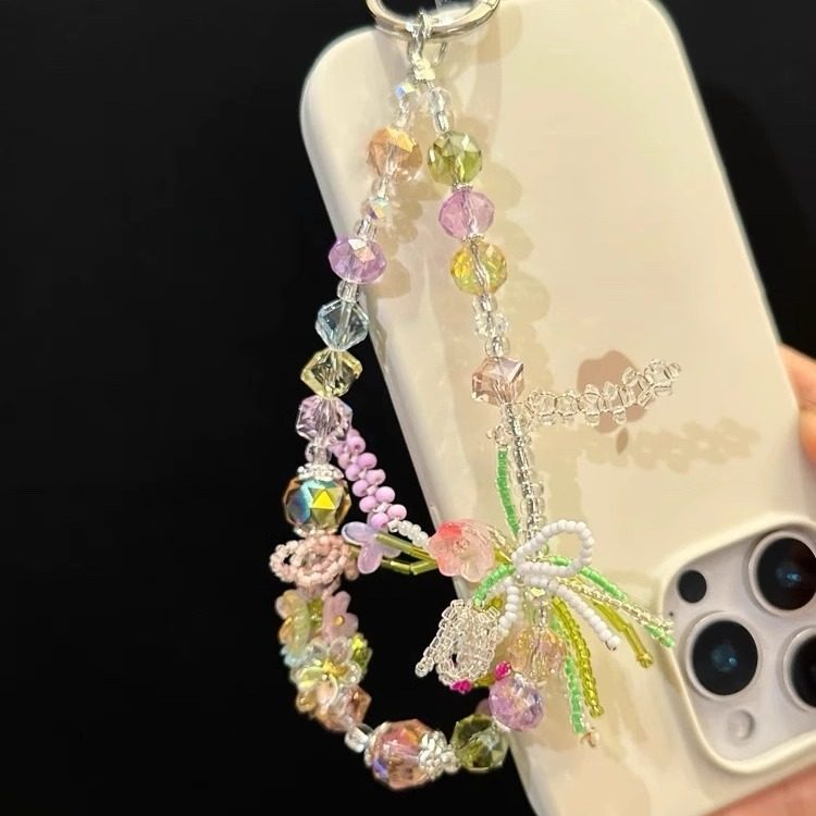 花团锦簇手工编织花朵手机链清透串珠手机链挂绳彩色唯美挂件挂链