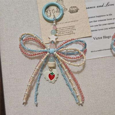 手作粉蓝蝴蝶结包包少女链条手机挂绳手机链挂件串珠钥匙扣挂件
