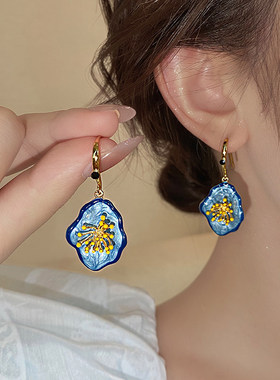 「霁蓝瓷韵」新中式蓝色系花朵耳环复古油画风小众个性春夏耳饰女