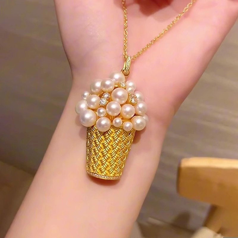 中古金色编织珍珠吊坠项链