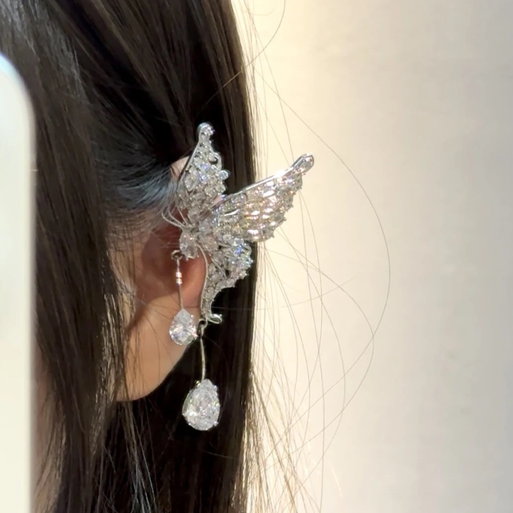 韩式新娘高级感水钻蝴蝶耳骨夹耳环奢华婚纱礼服秀场晚宴耳夹耳饰