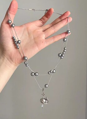法式复古双层珍珠星球吊坠项链女轻奢小众高级感叠戴锁骨链颈链潮