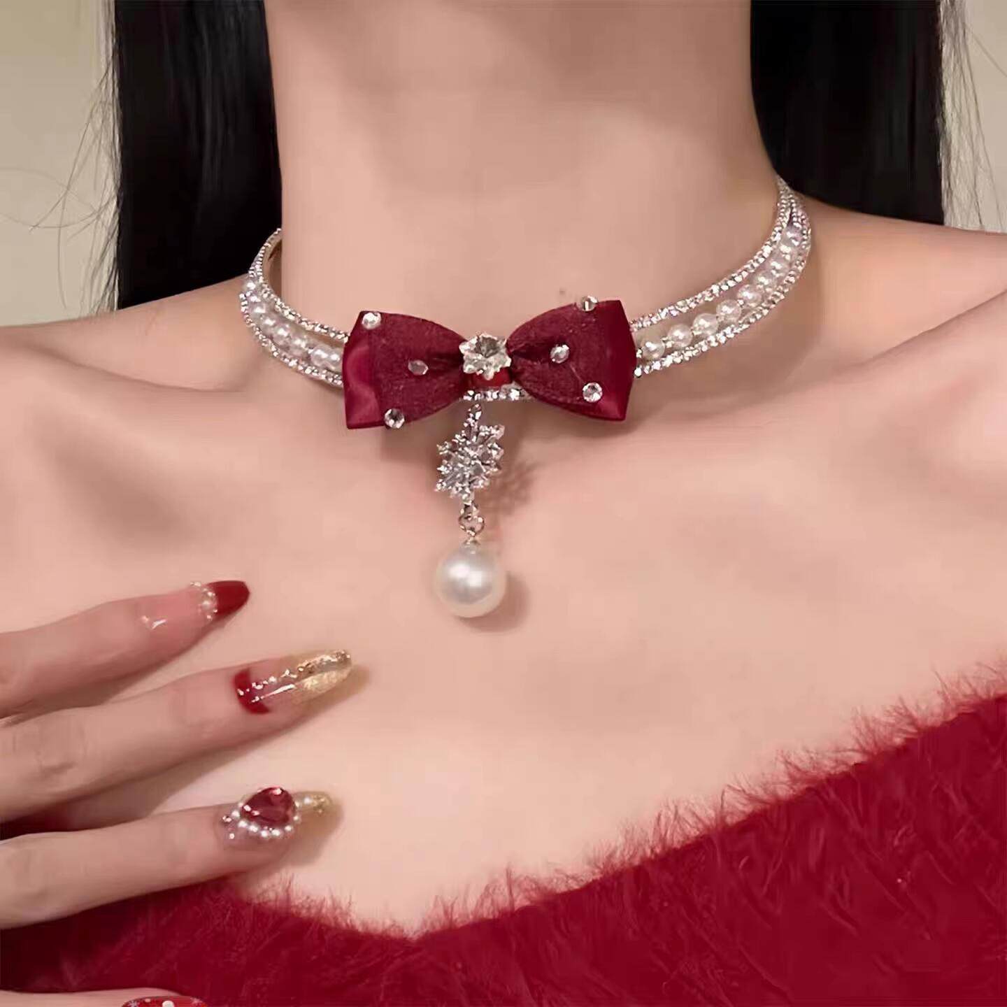 圣诞氛围感红色蝴蝶结choker秋冬雪花珍珠吊坠项链配饰女珍珠项链