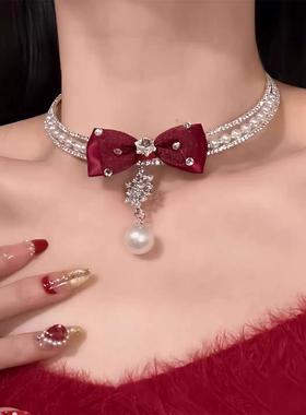 圣诞氛围感红色蝴蝶结choker秋冬雪花珍珠吊坠项链配饰女珍珠项链