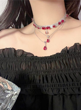 暗黑红朋克鸽血红水滴锆石锁骨链