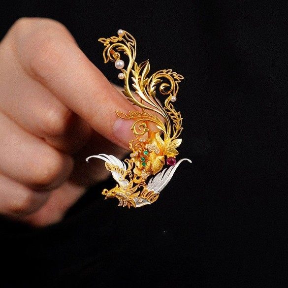 中式有风来仪精致花丝凤凰牡丹珍珠胸针女小众轻奢汉服百搭配饰