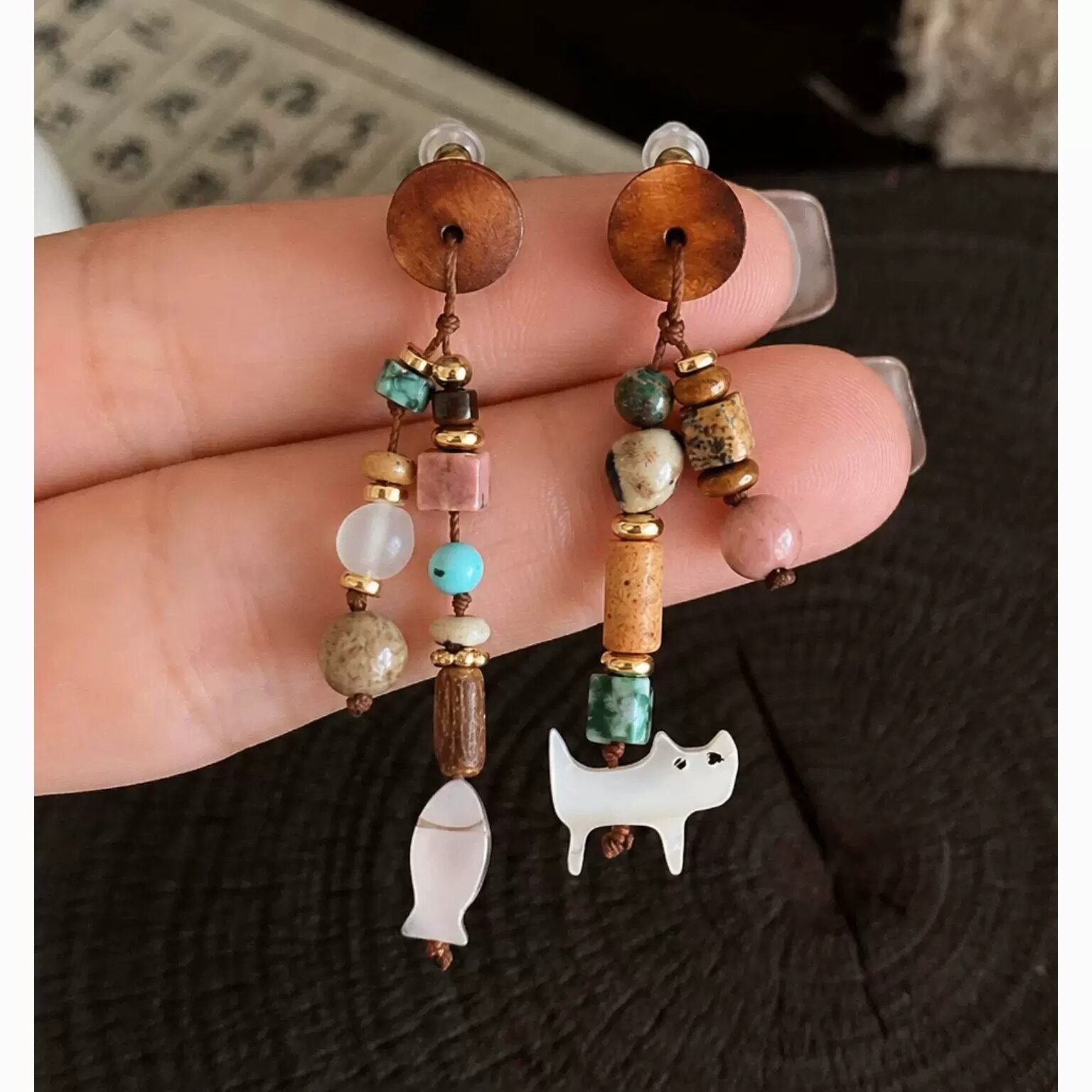 【木盘猫鱼】复古不对称串珠耳坠可爱小猫小鱼ins风文艺长款耳饰