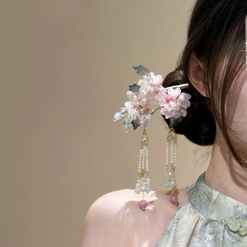 公主风~新中式簪花绢花朵发钗流苏发簪子古典头饰汉服头饰盘发器