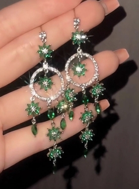 「绿野仙踪」爆闪森系绿色花朵水滴耳钉复古时尚流苏气质耳饰女