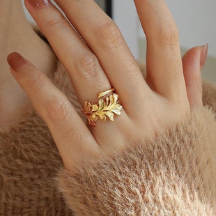 法式不规则枝叶戒指轻奢老钱风小众高级感可调节古着叶子指环手饰