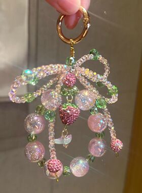 爆闪蝴蝶结甜美草莓少女满钻串珠挂链手机挂绳手捻小挂件包挂件