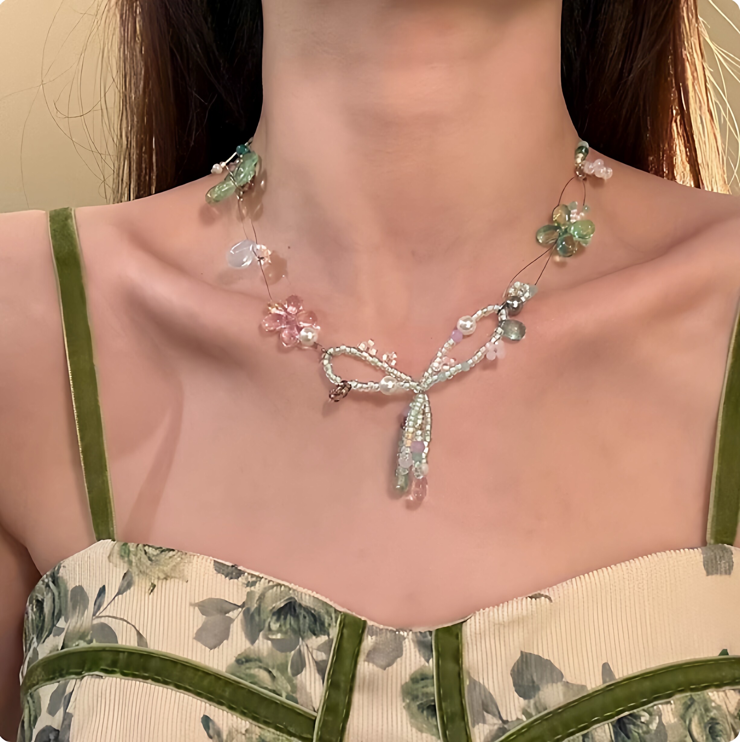 绿野仙踪花朵项链少女心度假风琉璃水晶蝴蝶结锁骨链森系清新颈链
