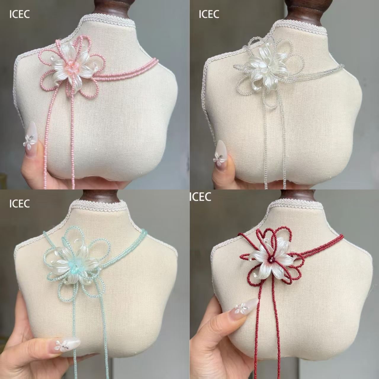 纯手工红色串珠鸢尾花锁骨链