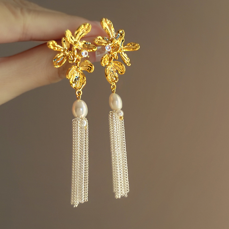 鎏金花雾~新中式长款花朵流苏耳环法式轻奢宫廷风设计精致耳饰品