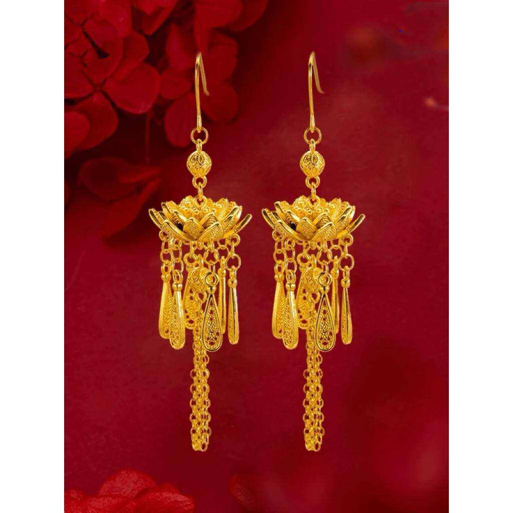 步步生莲古风金色莲花流苏耳饰长款气质复古重工艺婚嫁中式耳环女